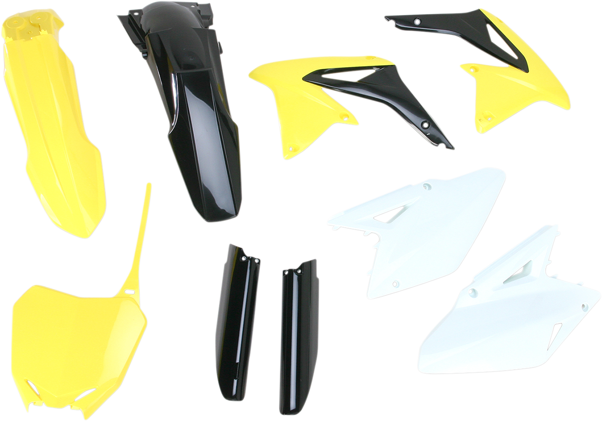 A full replacement body kit by Acerbis in yellow, black, and white for OEM '13 motorcycle, shown on a plain background.
