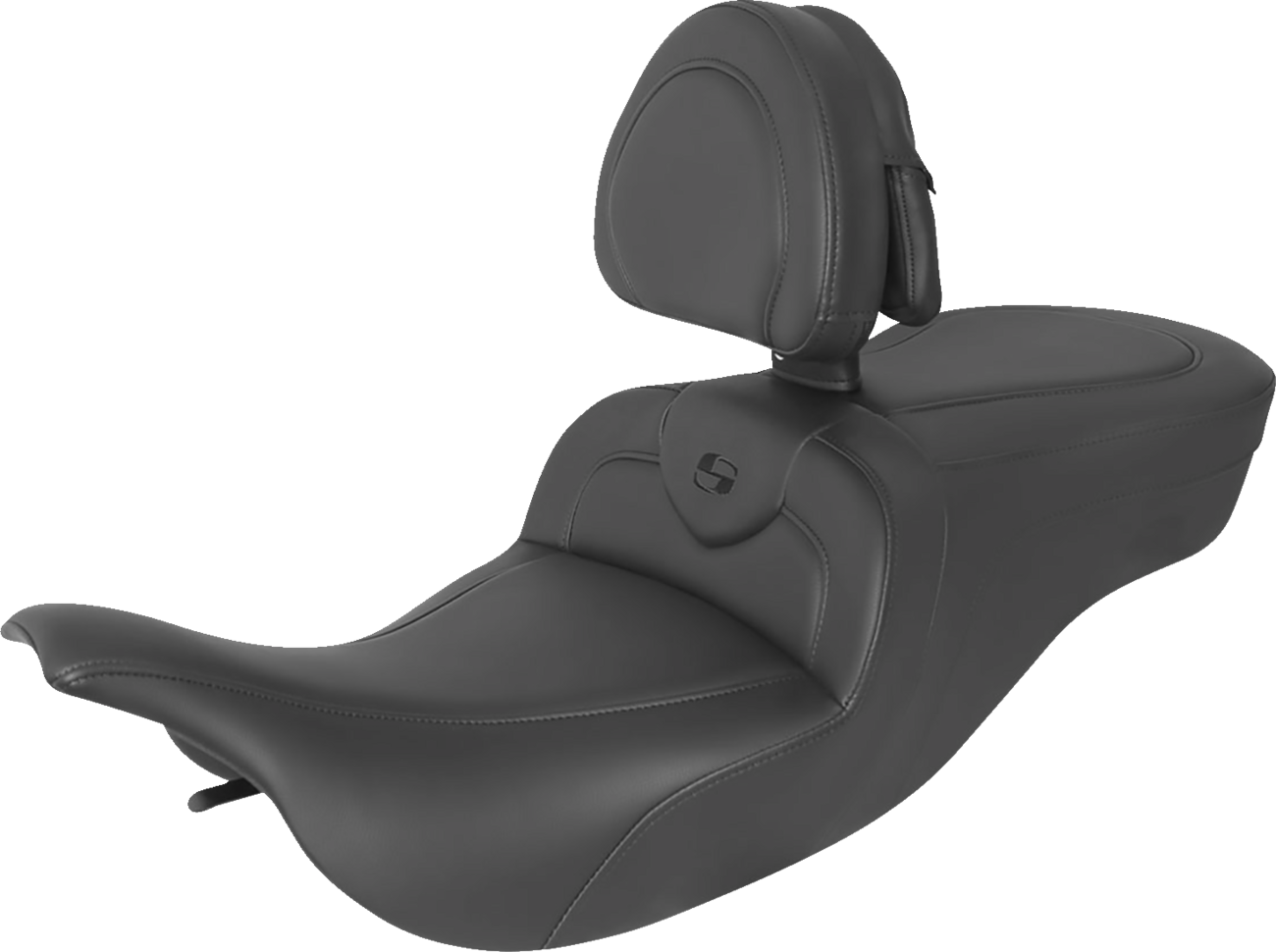 Bill's Exhausts Saddlemens RoadSofa seat with backrest in black with black stitching, featuring a comfortable padded seat and support.