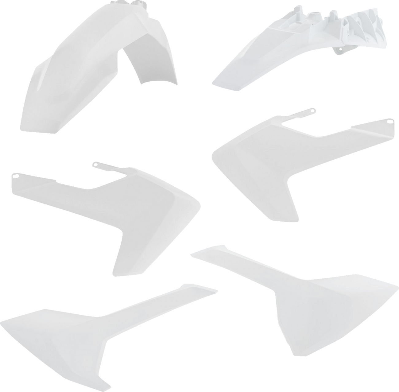A white ACERBIS full replacement body kit for 2023 OEM motorcycle, featuring smooth panels and mounting points, displayed on a white background.