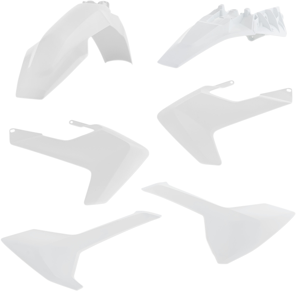 A white Acerbis standard replacement body kit for motorcycles, designed for easy installation and a sleek look.