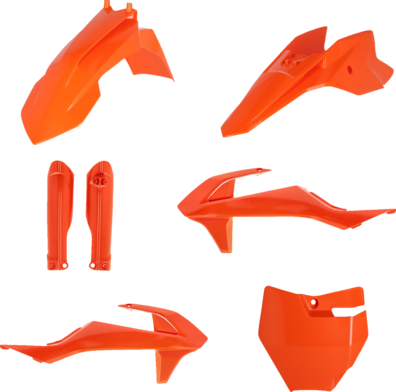 A bright orange Acerbis full replacement body kit for motorcycles, shown assembled on a vehicle with detailed panels and aerodynamic design.
