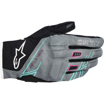 Alpinestars Moblast WP motorcycle gloves in gray, black, and pink with protective knuckles and adjustable wrist straps.
