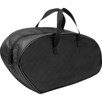 Bill's Exhausts SADDLEMEN saddlebag liners for FXLRST motorcycle, shown inside open saddlebags with secure straps and durable fabric.