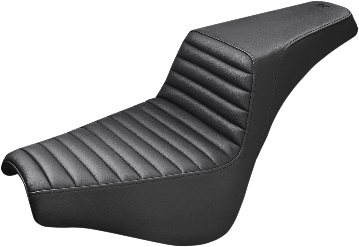 Black Saddlemens Step-Up Seat with Front Tuck-n-Roll design for motorcycles, showcasing a sleek, padded seat with detailed stitching.