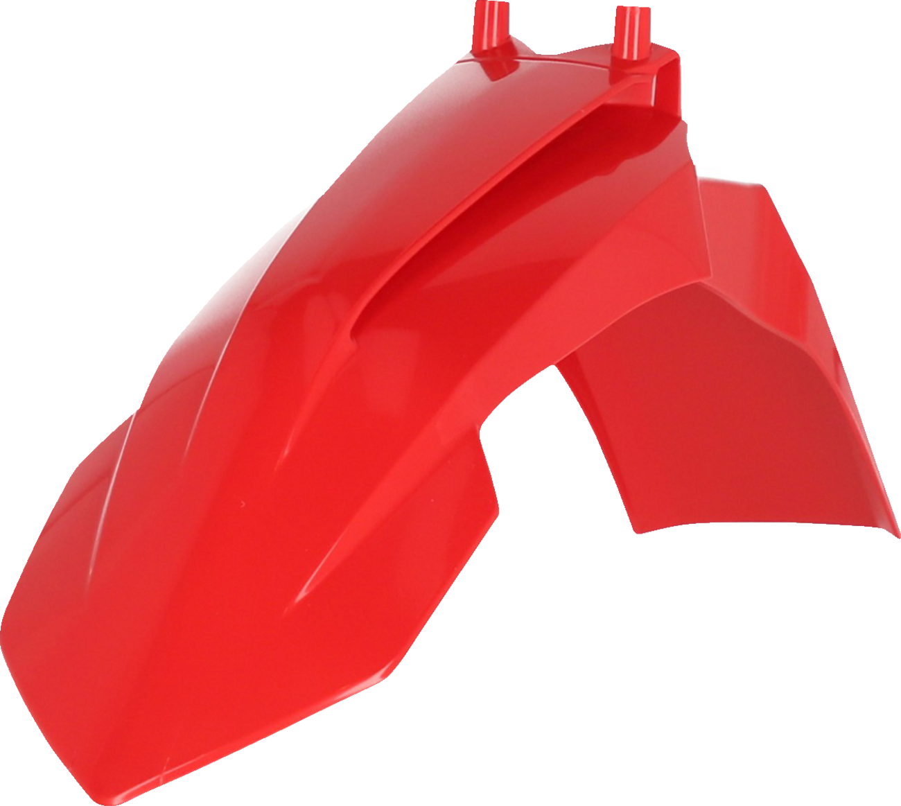 A red Acerbis front fender for motorcycle, lightweight body component with mounting points, designed for durability and style.