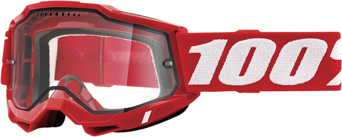 Bill's Exhausts 100% Accuri 2 Enduro MTB goggles in neon red with clear lenses, designed for mountain biking protection.