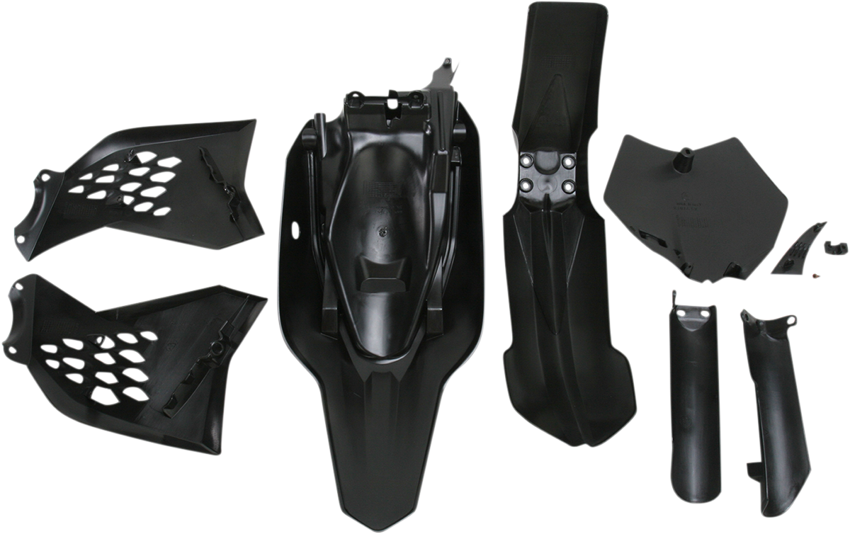 A black Acerbis full replacement body kit for motorcycle, featuring sleek panels and parts designed for a custom fit.