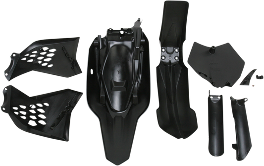 A black Acerbis full replacement body kit for motorcycle, featuring sleek panels and parts designed for a custom fit.