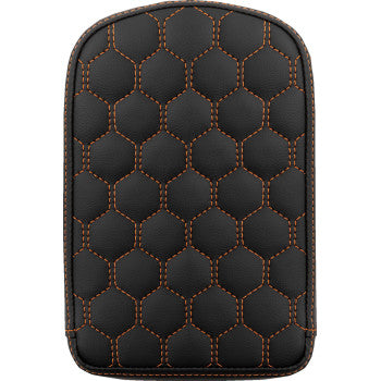 Bill's Exhausts SADDLEMEN RoadSofa™ Sissy Bar Pad in honeycomb orange stitching on black background, showing close-up of stitched design.