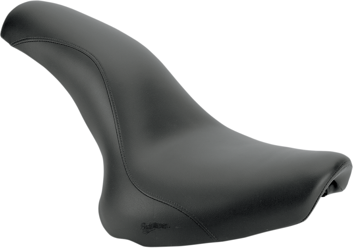 Black SADDLEMEN Profiler seat for Softail motorcycles, smooth and contoured, designed for comfortable riding.