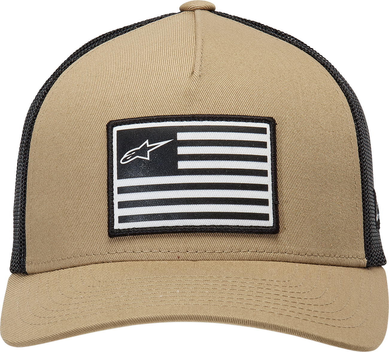 Alpinestars flag snapback hat in sand and black with adjustable fit, featuring the Alpinestars logo on the front.