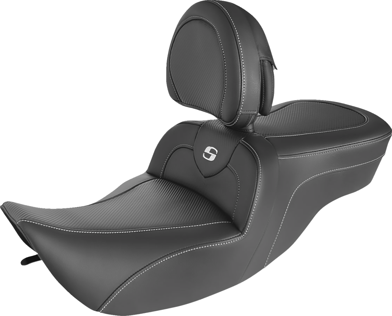 Bill's Exhausts Roadsofa seat with carbon fiber finish and backrest for motorcycle, designed for comfort and style.