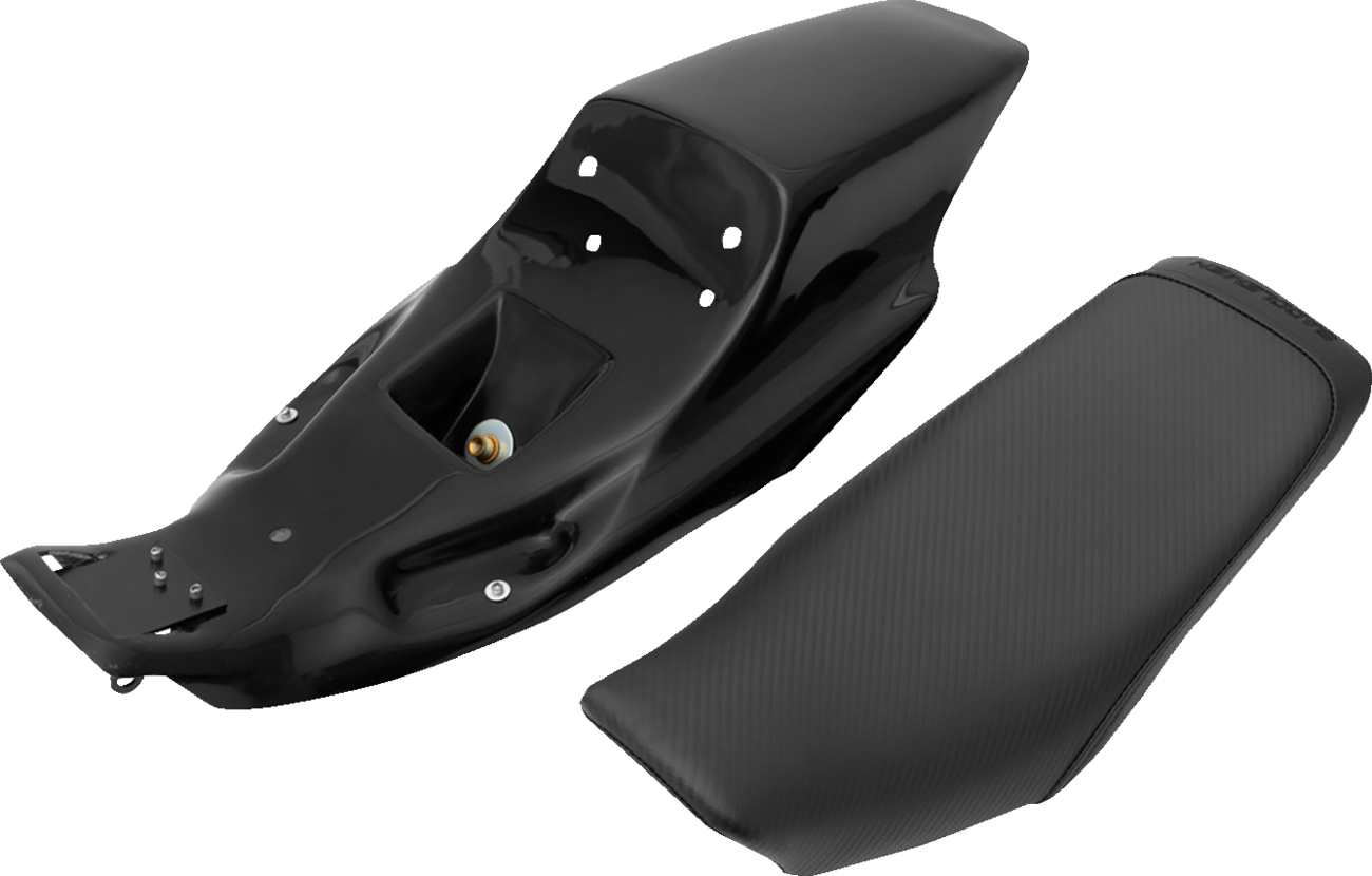 Carbon fiber SADDLEMEN Eliminator Seat Kit for XL motorcycles, designed for 2004-2020 models, featuring sleek, contoured seat with stitching.