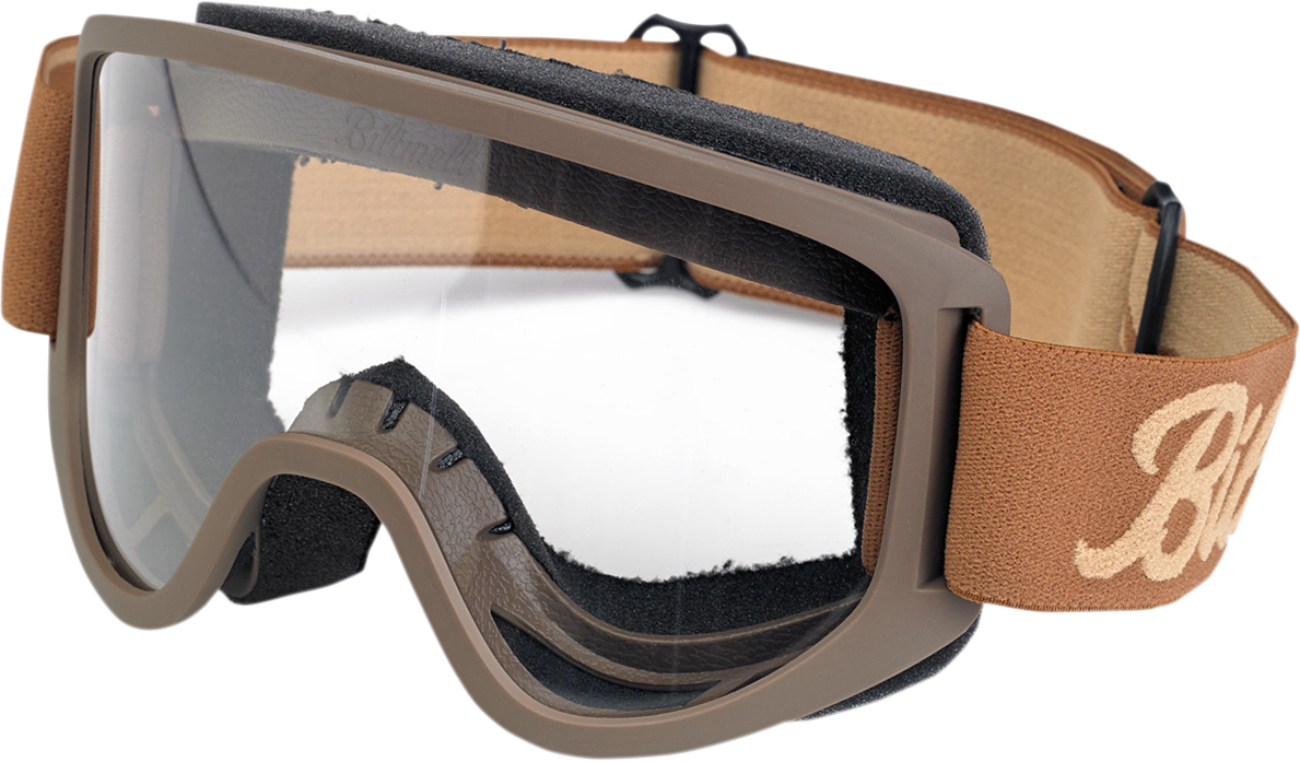 Bill's Exhausts BILTWELL Moto 2.0 Goggles in chocolate with script design, showcasing the stylish motorcycle helmet accessories