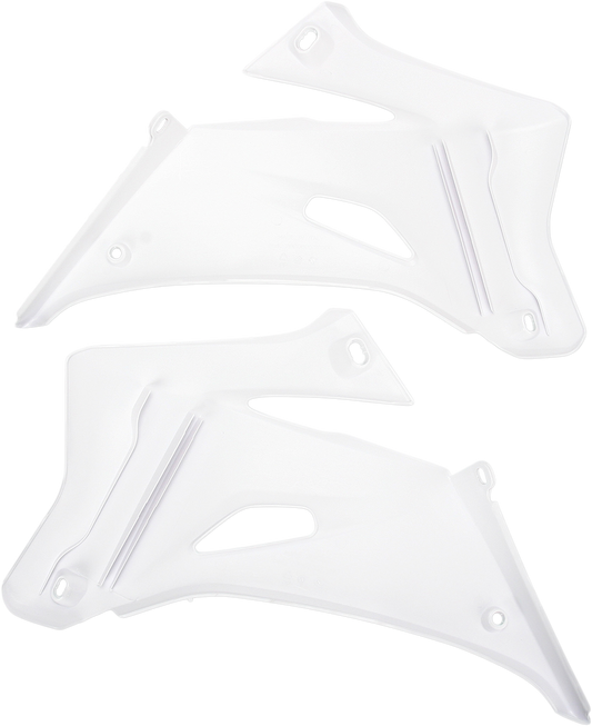 White ACERBIS radiator shrouds for motorcycle body, with a sleek design and brand-specific detailing.