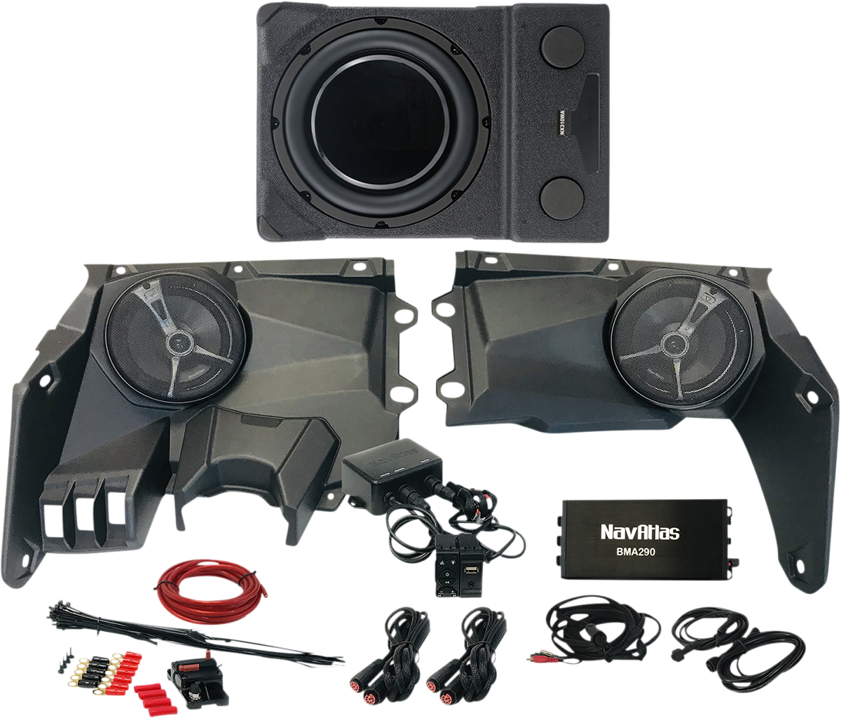 Bill's Exhausts NAVATLAS Audio Kit Zone 3 X3 X36ZONE3 speakers, compact car audio system with sleek black design.