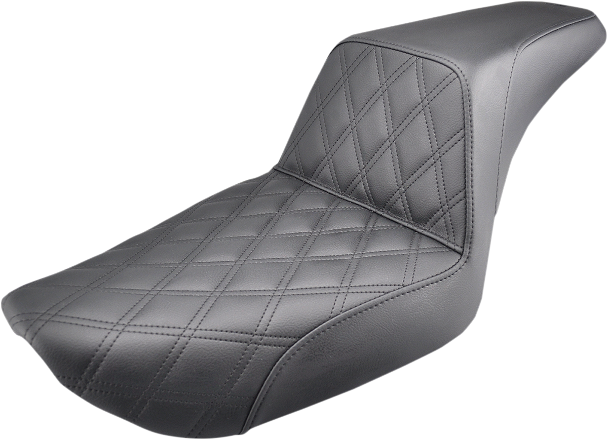 Black SADDLEMEN Step-Up Seat for Dyna with front lattice stitch, featuring durable seat design and stylish stitching detail.