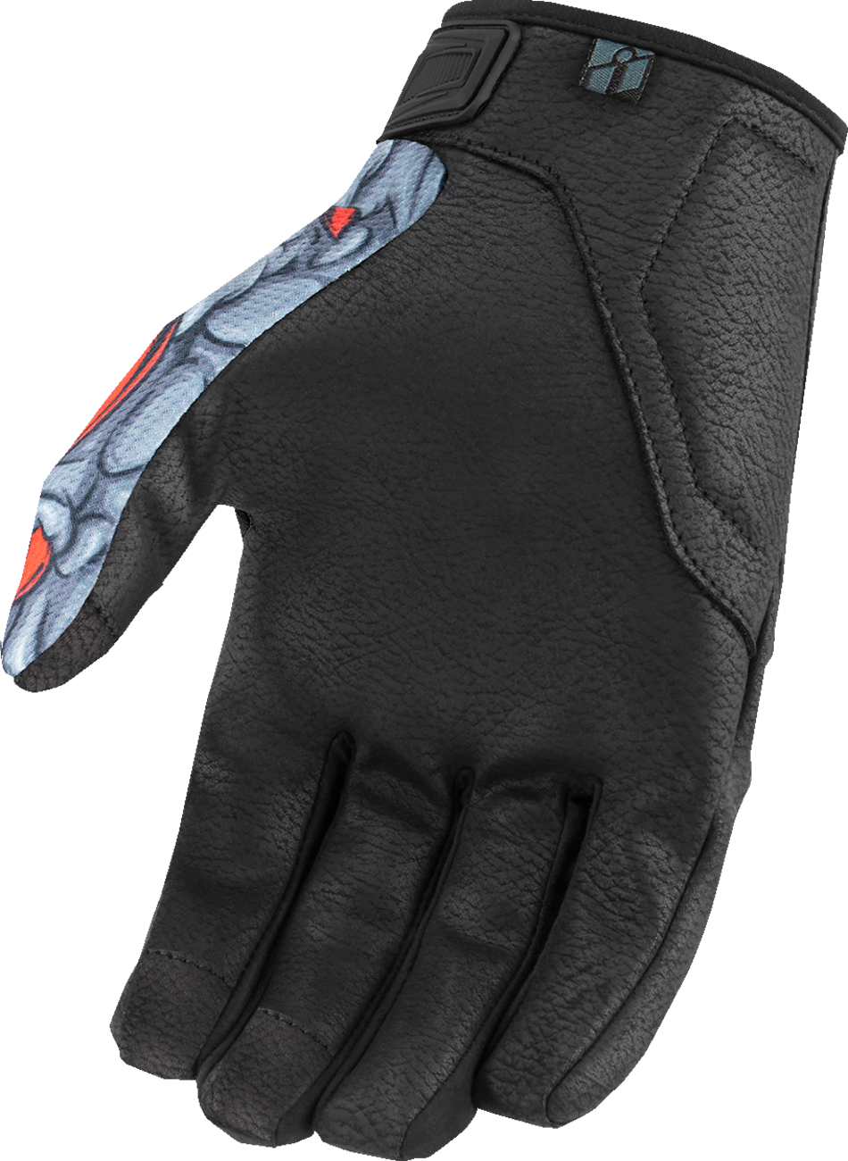 Red ICON Hooligan Kryola Kreep gloves in 3XL size with textured knuckles and adjustable strap, designed for motorcycling.