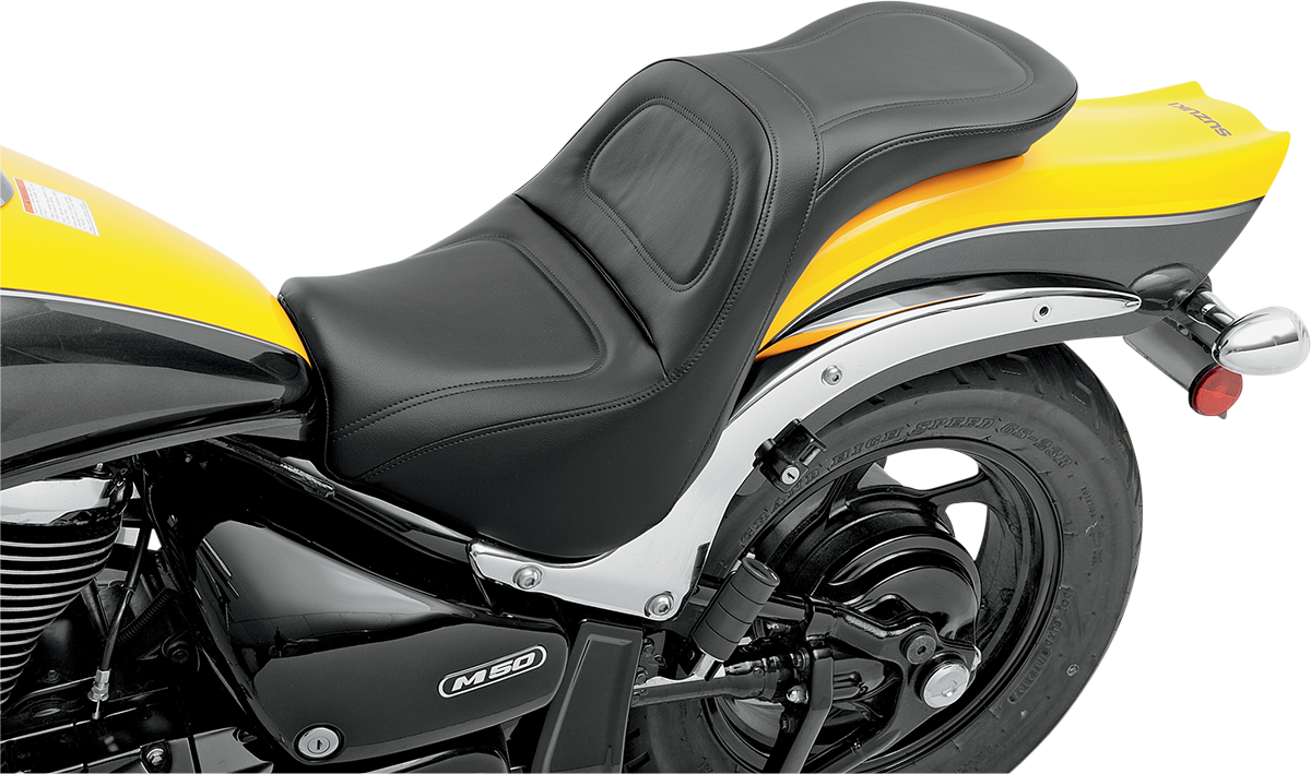 Black SADDLEMEN Explorer motorcycle seat without backrest, stitched design, by Bill's Exhausts, shown from top angle.