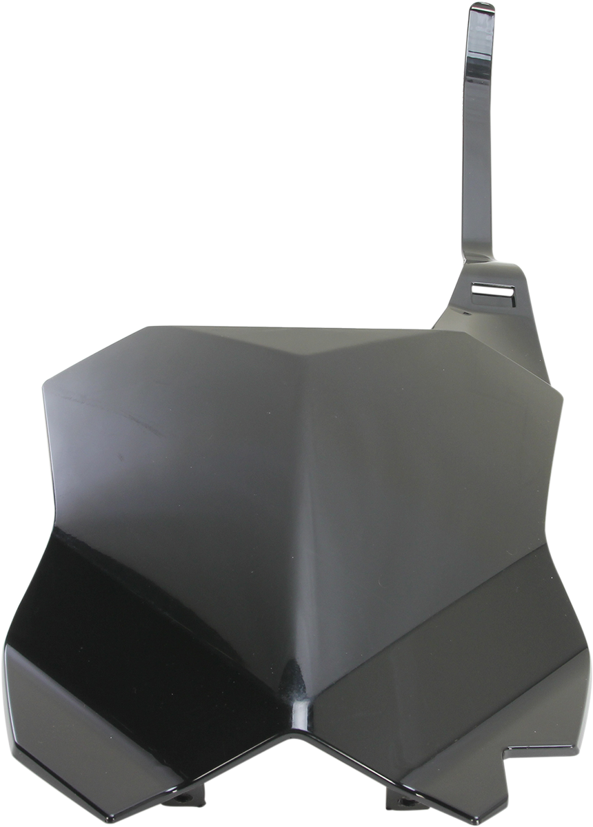 A black ACERBIS front number plate mounted on a vehicle, showcasing a sleek, durable body design with clear mounting points.
