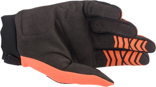 Alpinestars Full Bore motorcycle gloves in orange and black, medium size, with protective knuckles and adjustable wrist closure.