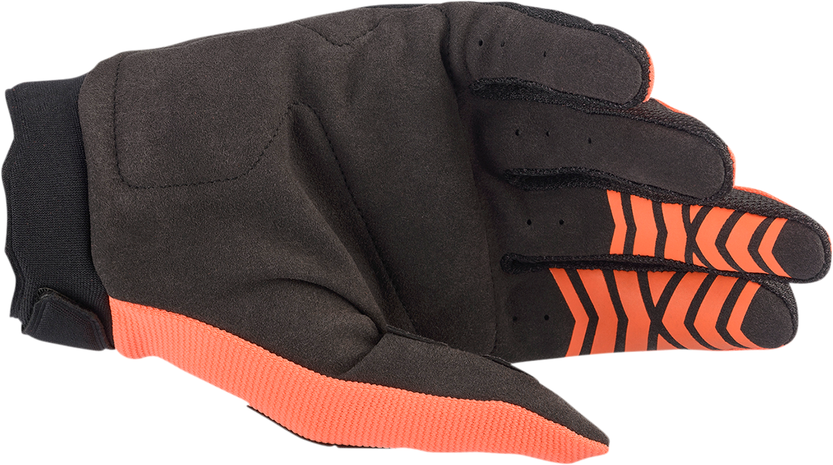 Alpinestars Full Bore motorcycle gloves in orange and black, 2XL size, with reinforced knuckles and textured grip on fingers.