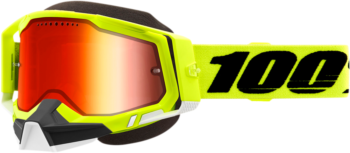 Bill's Exhausts Racecraft 2 snow goggles in fluo yellow with red mirror lens, designed for winter sports and snowboarding.