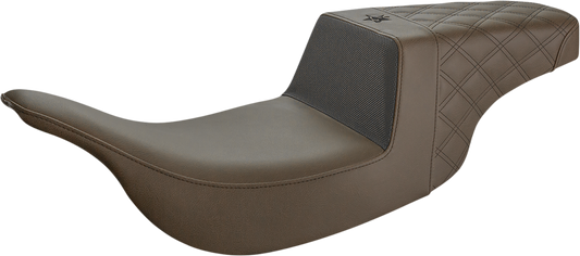 Front carbon fiber and black gripper lumbar seat by Saddlemens Unknown Industries with lattice stitch pattern for motorcycle or bike.