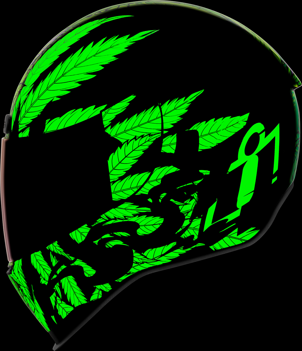 Bill's Exhausts ICON Airform™ Helmet Ritemind Glow™ in green, XL size, featuring a sleek aerodynamic design with a secure strap