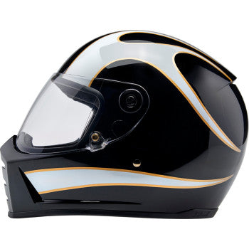 Biltwell Lane Splitter motorcycle helmet in gloss black with white flames, size XS, featuring a sleek aerodynamic design.