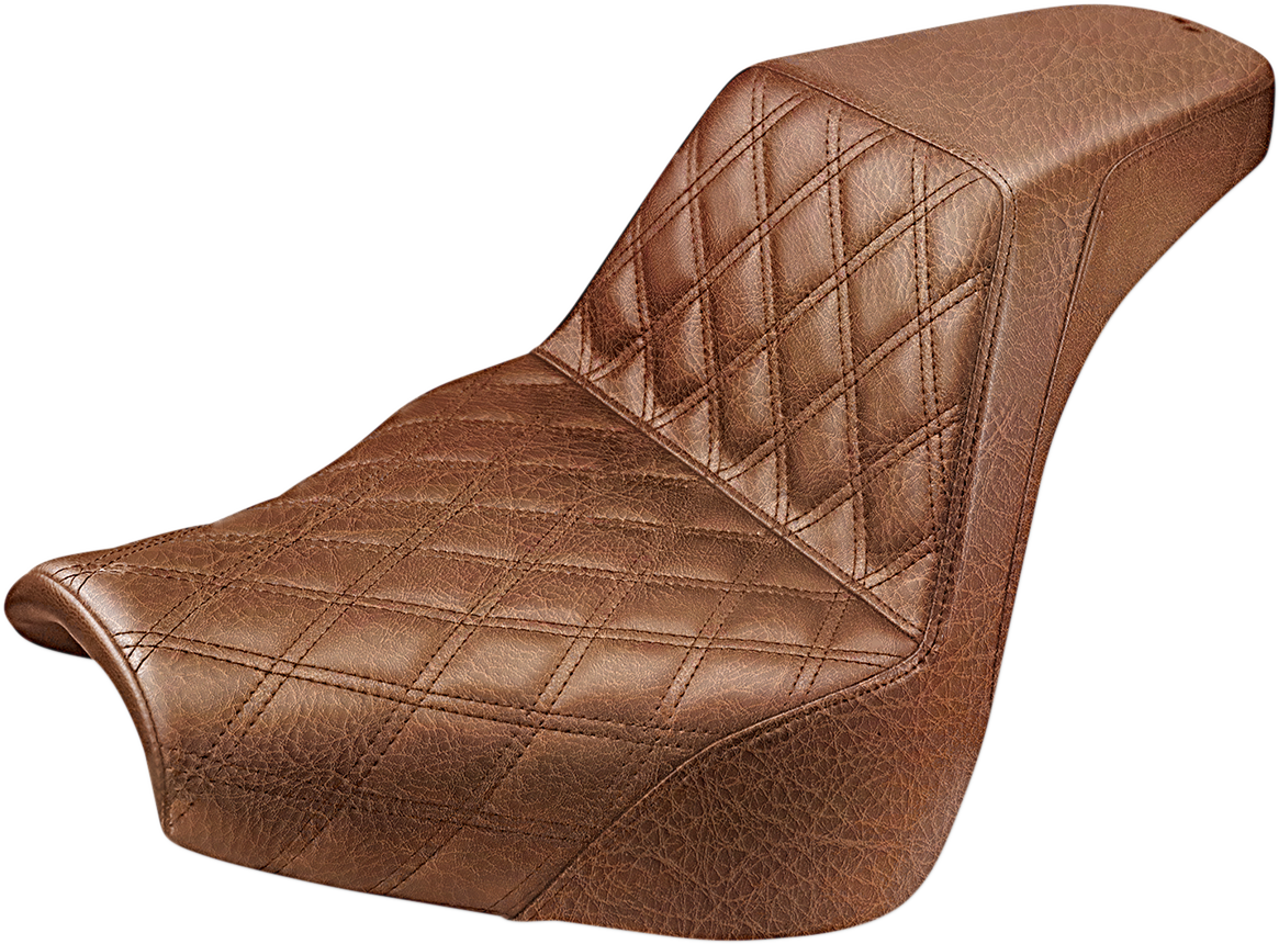 Brown SADDLEMEN Step-Up Seat with lattice stitch detail for front motorcycle, designed by Bill's Exhausts.