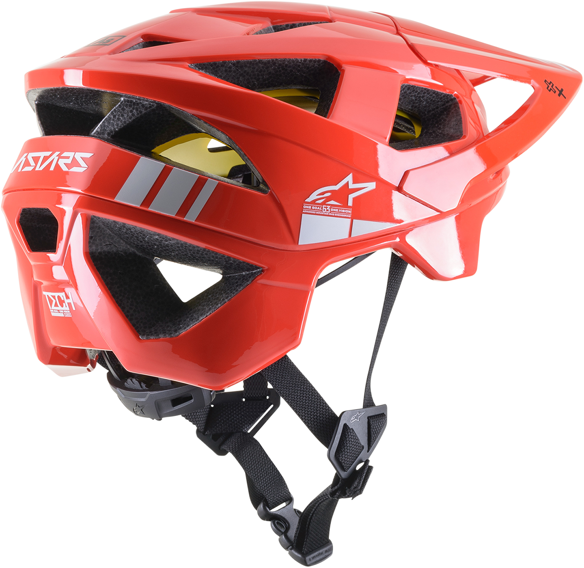 Bright red and light gray glossy ALPINESTARS Vector Tech bicycle helmet with MIPS® technology, large size, shown from side view.