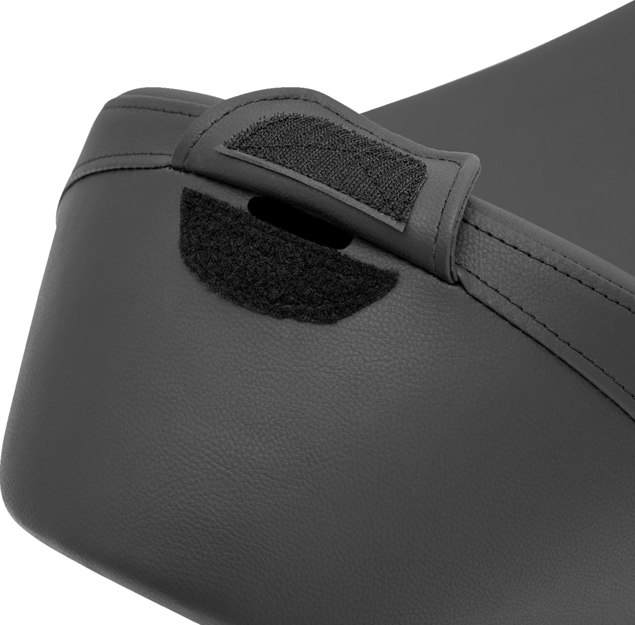 Black Saddlemens Heels Down Solo Seat with backrest for motorcycles, featuring a plain design and durable construction.