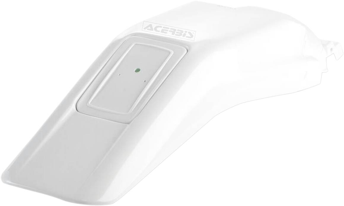 A white Acerbis rear fender for motorcycle, designed as a durable body part, with mounting points visible for installation.
