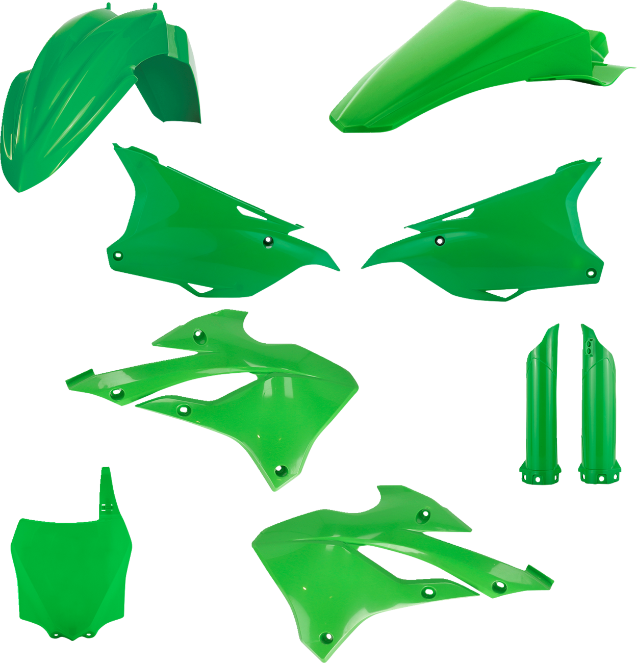 Green Acerbis full replacement body kit for Kawasaki KX85 2022-2023 motorcycle, showing assembled body panels and design.