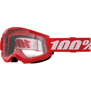 Bill's Exhausts 100% Strata 2 Junior Goggle in red with clear lenses, designed for kids' outdoor activities.
