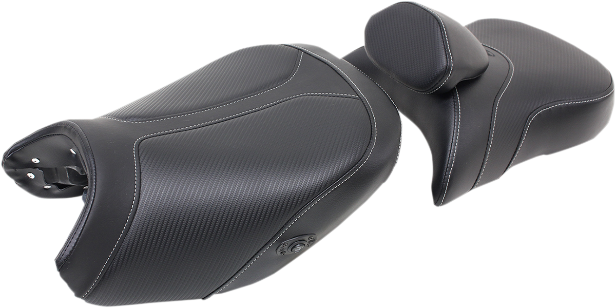 Black SADDLEMEN Adventure Tour two-piece heated motorcycle seat with lumbar backrest and stitched details, designed for comfort.