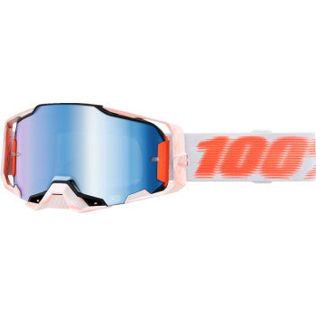 Bill's Exhausts 100% Armega Goggle Tubular Blue Mirror with tinted lenses for motorcycling or sports use.