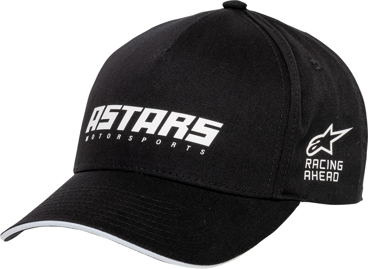 Black ALPINESTARS Tension Hat, one size, featuring a sleek design and embroidered logo, perfect for casual wear.