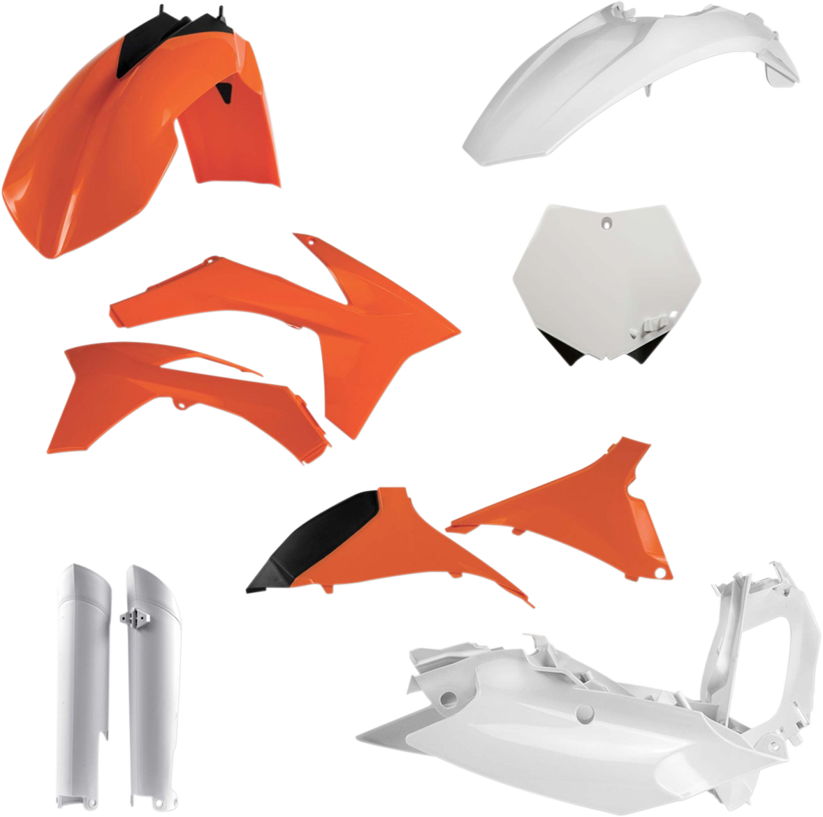 A full replacement body kit for vehicles, in OEM orange, white, and black colors, designed by Acerbis.