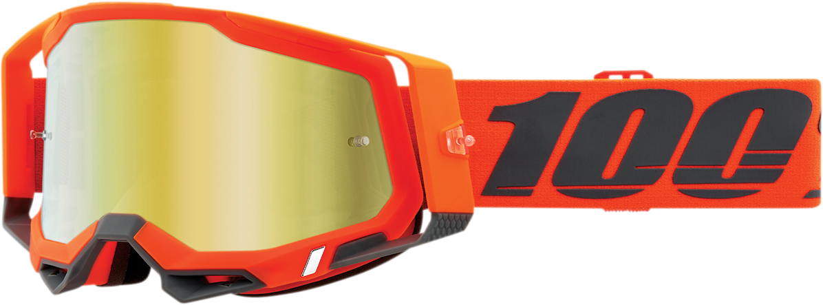 Bill's Exhausts 100% Racecraft 2 Goggles with gold mirror lens, designed for motocross and dirt biking.