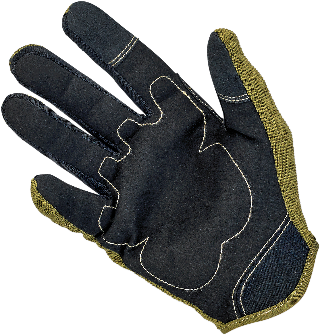 BILTWELL Moto Gloves in olive and black, small size, designed for motorcycle riding, featuring durable leather and protective padding.