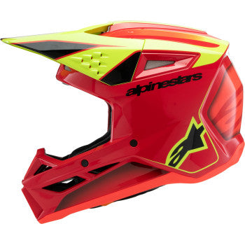 Youth ALPINESTARS SM3 helmet in gloss red, yellow fluorescent, and black, featuring a sleek design and large size.