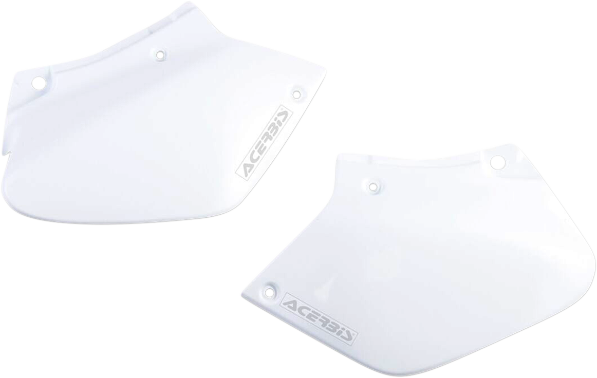 A white set of Acerbis side panels for motorcycle body, designed for installation on bike frames.