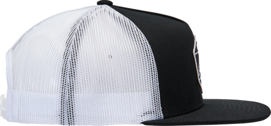 Black and white ALPINESTARS Bolt Trucker Hat with embroidered logo, one size fits all, featuring mesh back and structured front.