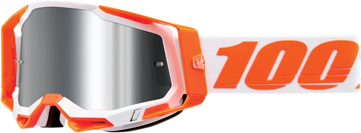 Bill's Exhausts 100% Racecraft 2 goggles in orange with silver flash mirror lenses, featuring a sleek, aerodynamic design.