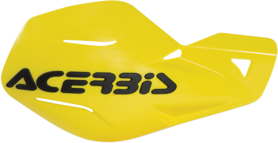 A pair of yellow Acerbis Uniko handguards for motorcycles, designed to protect hands from debris and wind during rides.