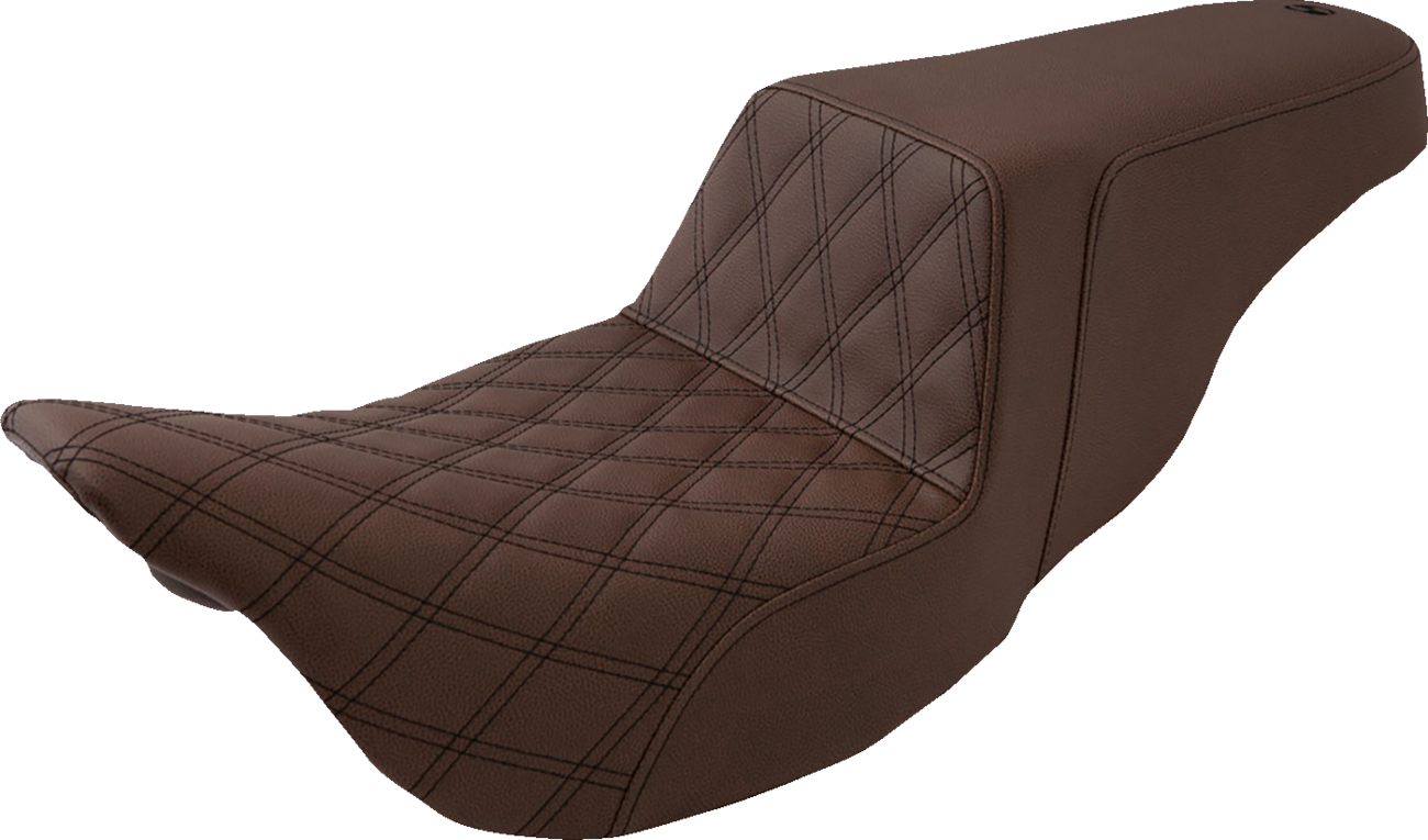 Bill's Exhausts SADDLEMEN Step-Up Seat with front lattice stitch in brown for FL models 2008-2023, detailed stitching and sturdy design.