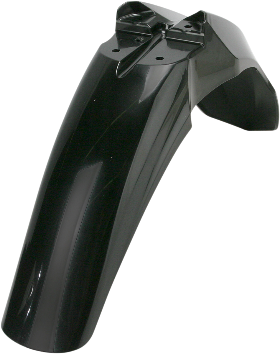 Black Acerbis front fender for motorcycle, shown in this image, with a sleek body design and mounting points.