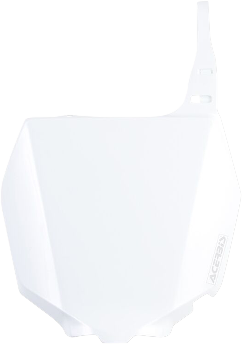 White Acerbis front number plate for bikes, made of durable body material, designed for motorcycle customization and replacement.